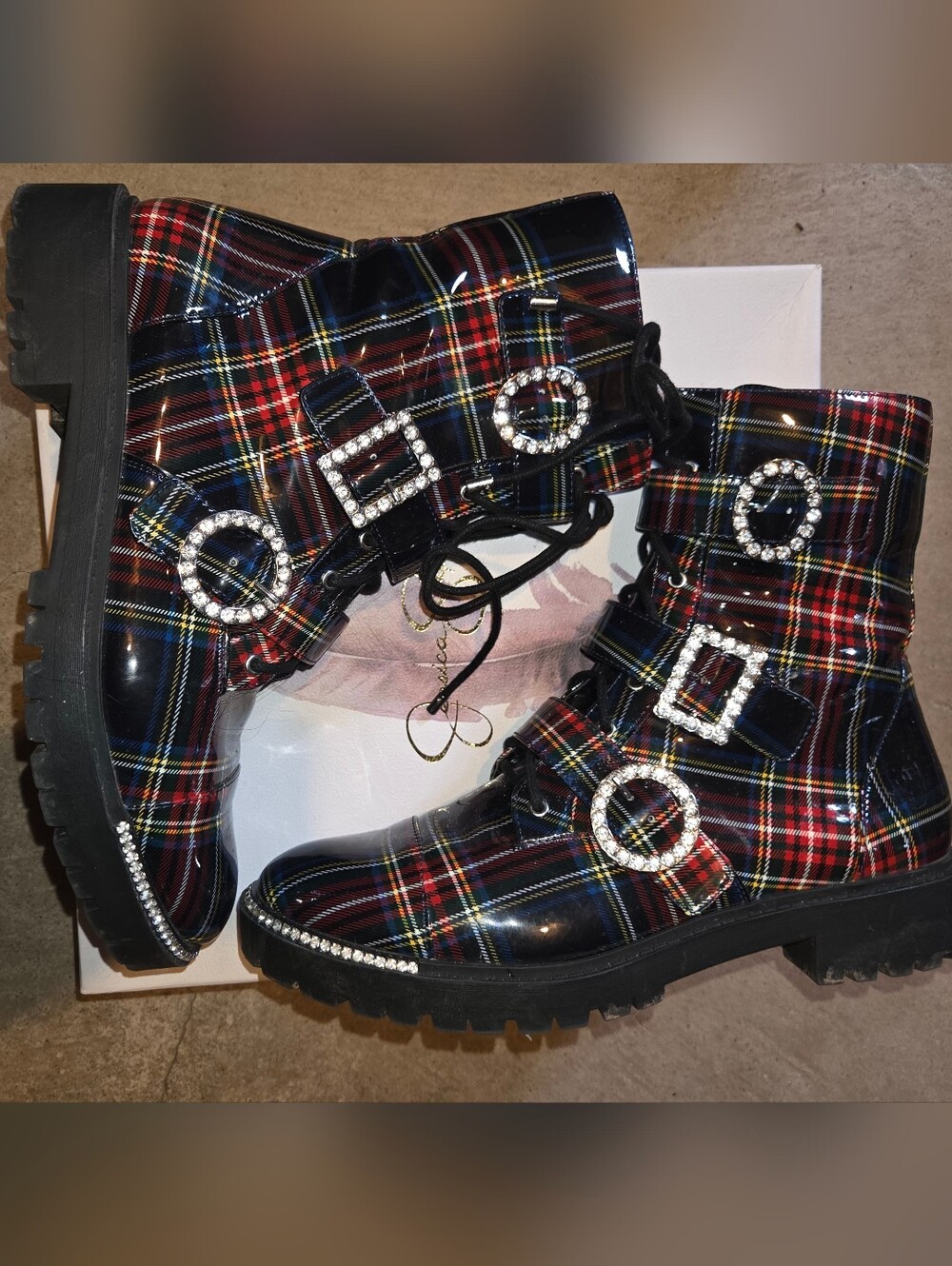 Jessica Simpson Kirlah Plaid Rhinestone Combat Boots – Size 10